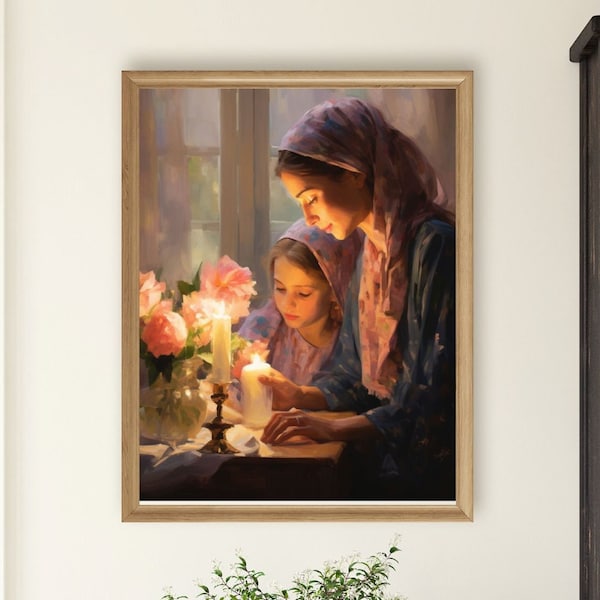 Sabbath Embrace, Shabbat Wall Art, Mother and Daughter Lighting Sabbath Candles Painting, Shabbat Shalom, Shabbat Art, Artful Sabbath Print