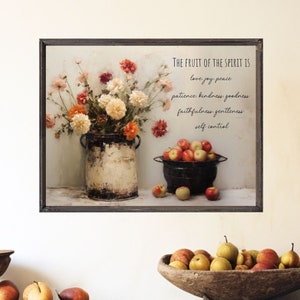 Fruit of the Spirit Art, Christian Wall Art, Scripture Download, Floral Scripture, Kitchen Decor, Rustic Farmhouse Art, Downloadable Print