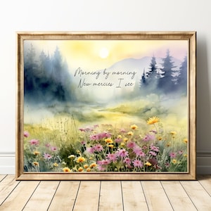 Art Print, Morning By Morning New Mercies I See, Christian Wall Art, Scripture Landscape Print, Watercolor, Wildflowers, Misty Mountain Art