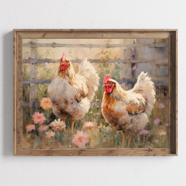 Art Print, Farmhouse Chickens, Hens Painting, Chicken Farm Decor, Flower Garden Art, Hens, Farm Wall Art, Countryside Wall Decor, Chicken