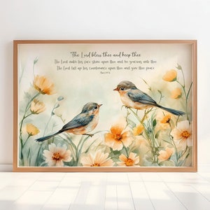 Impressão de arte, O Senhor te abençoe e te guarde, A bênção, Números 6 KJV, Arte cristã, Impressão de escritura de pássaros, Versículo bíblico com pássaros, Presente
