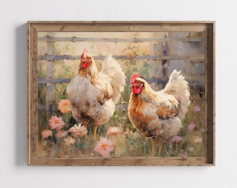 Art Print, Farmhouse Chickens, Hens Painting, Chicken Farm Decor, Flower Garden Art, Hens, Farm Wall Art, Countryside Wall Decor, Chicken