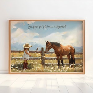 Art Print, You Have Put Gladness in My Heart, Psalm 4:7, kunst aan de muur meisjeskamer, meisje met paard, kinderboerderijkunst, kinderkamer