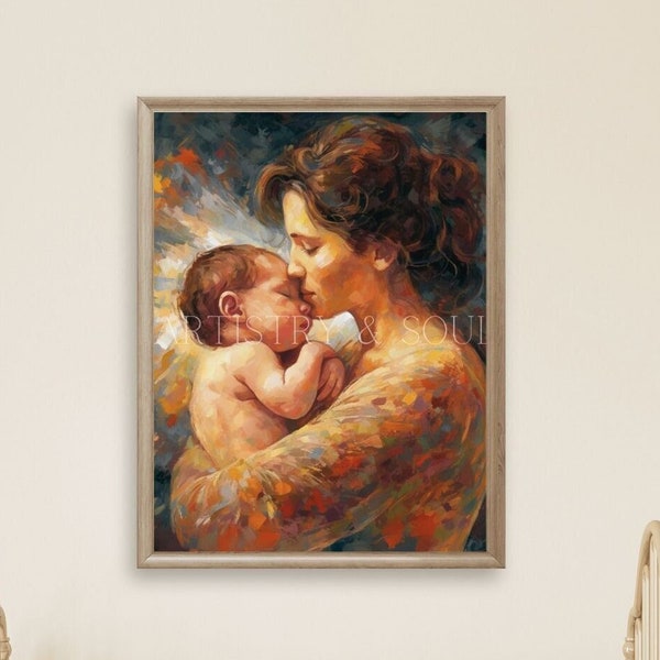Nurturing Embrace, Impressionist Painting of Mother's Tender Love, Digital Download, Emotional Art Print, Mother and Child Wallart, Nursery