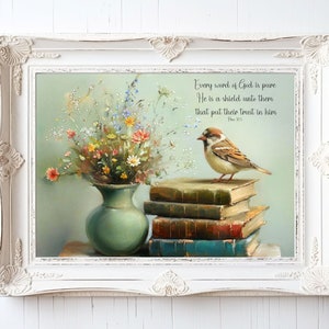 Vogel auf Büchern Kunstdruck, Sprüche 30: 5 Schrift, Floral Christian Wandkunst