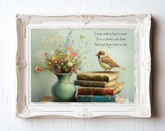 Bird on Books Art Print, Proverbs 30:5 Scripture, Floral Christian Wall Art