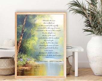 Psalm 1:1-3 Art Print, Christian Scripture, Tree Landscape