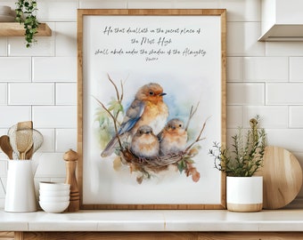 Affiche artistique du Psaume 91 avec un oiseau : Décoration murale inspirée des Écritures chrétiennes