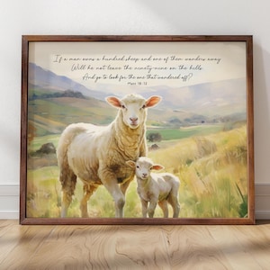 Art Print, Matthew 18 Art, Sheep Painting, Ewe and Lamb Print, Scripture Print, Scripture Nature Art, Jesus Seeking Lost Sheep, Shepherd Art