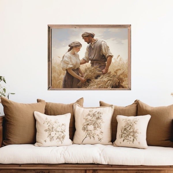 Harvest of Love Romantic Harvest Painting, Harvesting Wheat Wall Art, Wheat Harvest Art Print, Vintage Farmer Print, Vintage Farmhouse Decor