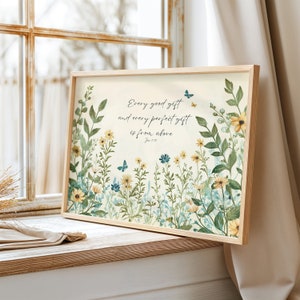Kunstdruck, Jedes gute und perfekte Geschenk ist von oben, James 1:17 Schriftkunst, Wildblumen Wandkunst, Kinderzimmer Dekor, Blumen Bibel Vers