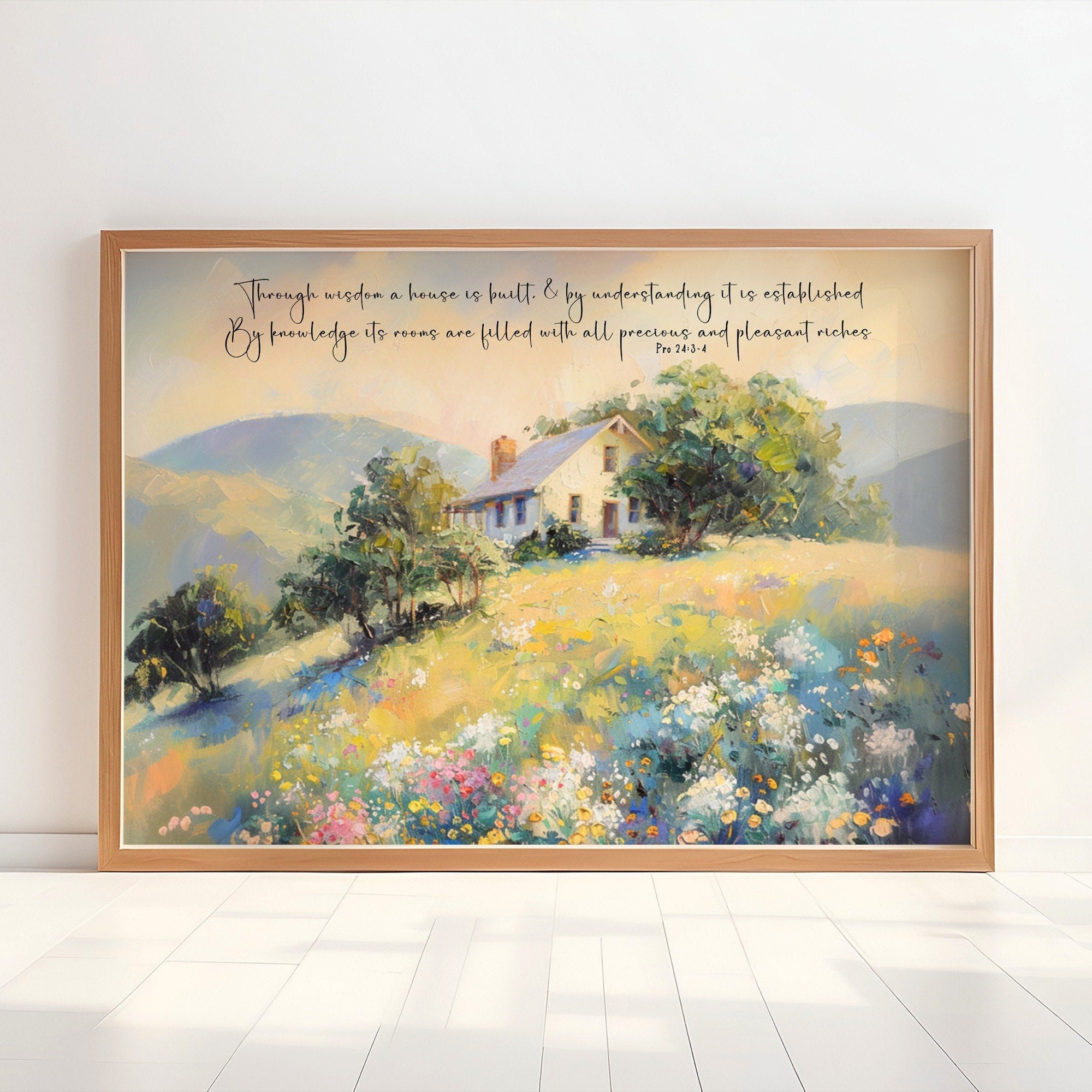 Farmhouse Landscape Art Print, Proverbs 24:3-4, Through Wisdom a House ...
