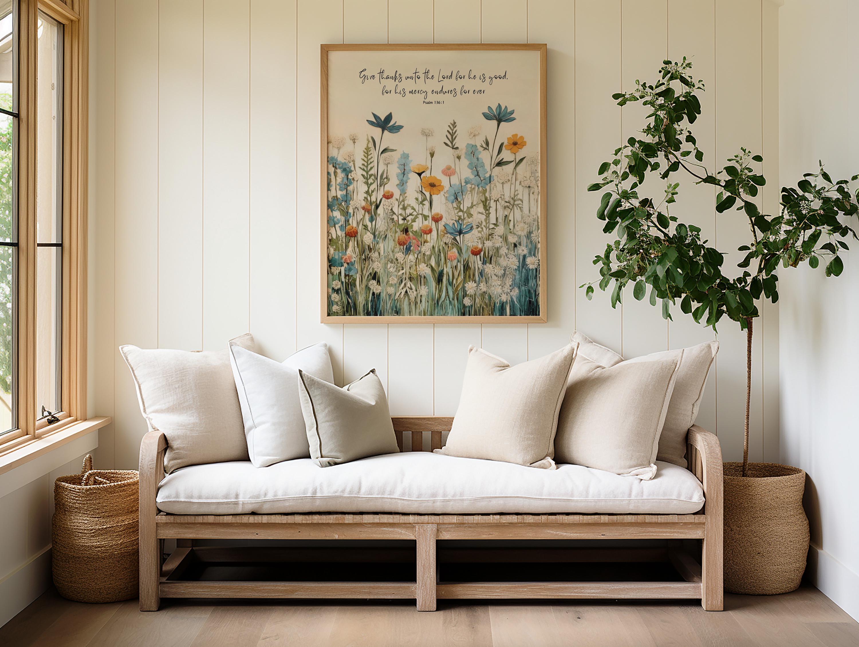 Art Print, Give Thanks To The Lord For He Is Good, His Mercy Endures Forever, Psalm 136:1, Scripture Art, Christian Wall Art, Wildflower Art