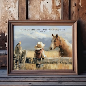Art Print, Little Cowboy Art, Country & Western Boys Room Decor, Horse and Boy Art, Cowboy Nursery Art With Scripture, Rustic Kids Western