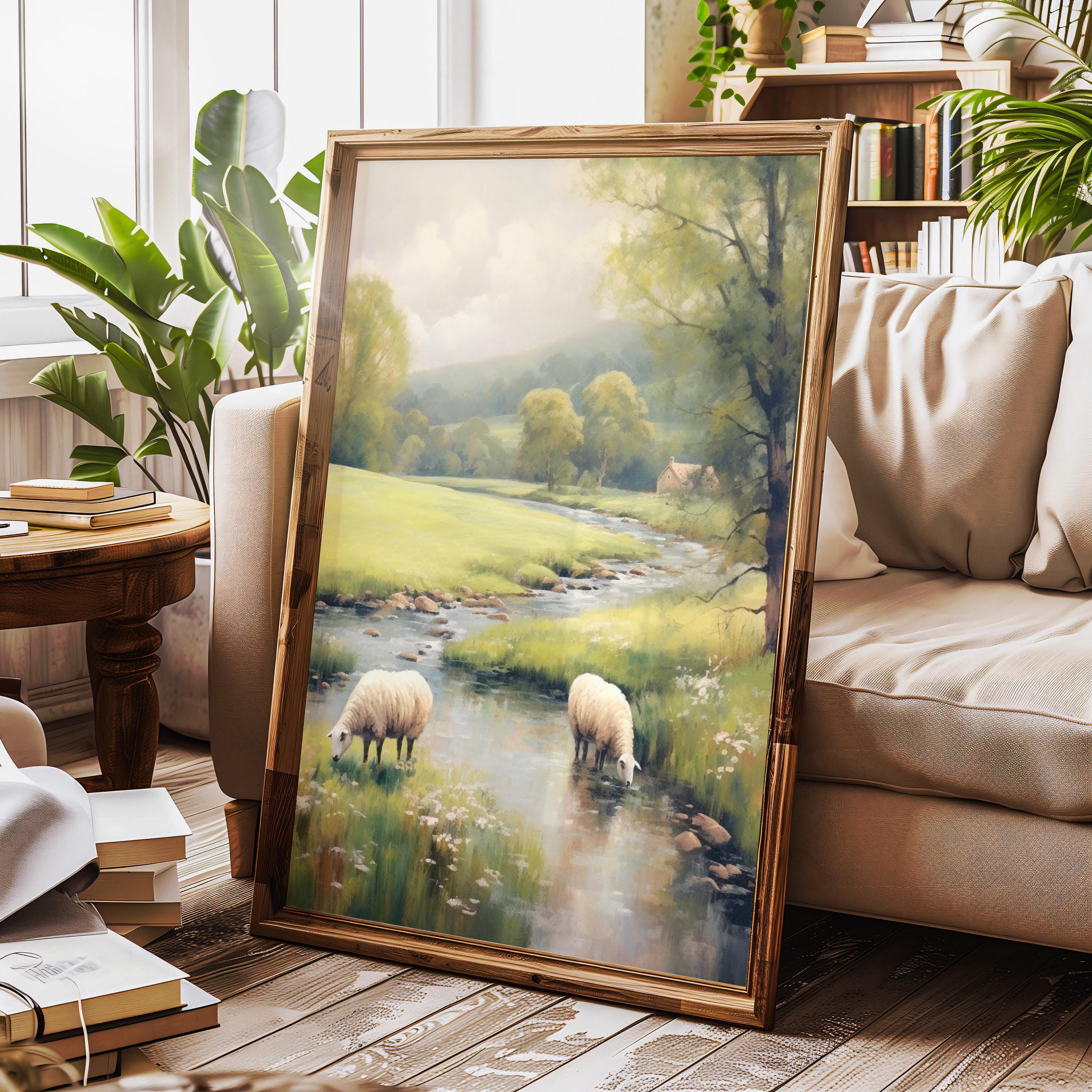 Sheep Grazing Art Print: Vintage Farmhouse Landscape - Etsy