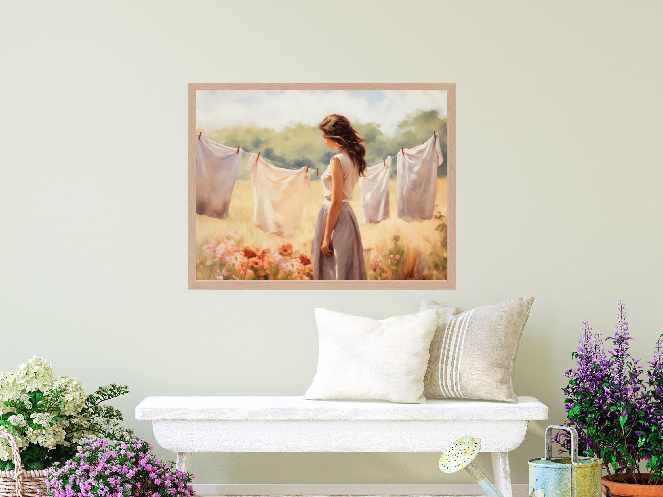 Laundry Room Art Print: Woman Hanging Clothes in Flower Field - Etsy
