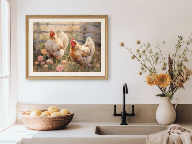 Art Print, Farmhouse Chickens, Hens Painting, Chicken Farm Decor