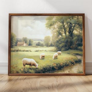 Peut inclure: Une peinture représentant un paysage rural avec un petit chalet au loin et un ruisseau traversant un champ. Quatre moutons blancs paissent dans le champ.