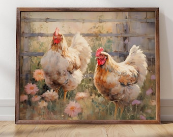 Farmhouse Chicken Art Print: Hens in Flower Garden