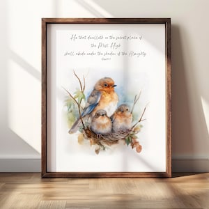 Downloadable Scripture Art, Psalm 91 Print, He That Dwelleth In Secret Place, Abide Shadow Almighty, Bird Art, Bible Verse Bird Wall Decor