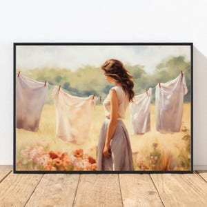 Art Print, Laundry Room Art, Woman Hanging Laundry on Clothes Line Art Print, Laundry Wall Art, Spring Wall Decor, Boho Laundry Room Decor