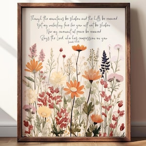 Kunstprint met wilde bloemen, Bijbeltekst Jesaja 54:10, Onfeilbare liefde