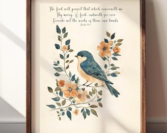Op de afbeelding: Een aquarel van een blauwe vogel die op een tak zit met oranje en gele bloemen. De afbeelding bevat een bijbelvers: "De HEERE zal volbrengen wat mij aangaat; uw goedertierenheid, HEERE, blijft in eeuwigheid; verlaat het werk van uw handen niet Psalm 138:8"