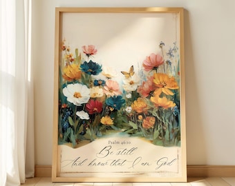 Op de afbeelding: Een ingelijste bloemenprint met een levendige reeks kleurrijke bloemen in roze, geel, blauw en wit. Een vlinder is zichtbaar tussen de bloemen. De tekst "Psalm 46:10 Wees stil en weet dat Ik God ben" staat onderaan.