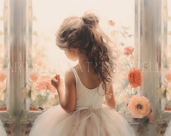 Lámina artística de bailarina: Niña pequeña, vista de jardín floral (descarga digital)