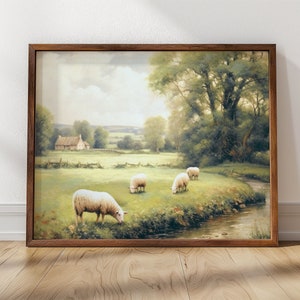 Sheep Grazing Art Print: Farmhouse Pasture Landscape (Downloadable Print), Farm Decor