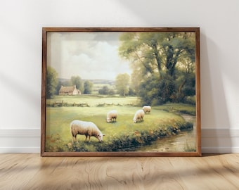 Sheep Grazing In Pasture Art, Countryside Farm Wall Art, Farmhouse Art Print, Downloadable Print, Farm Animal Art, Sheep Grazing Near Stream