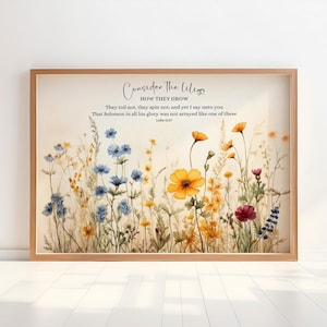 Kunstdruck, Betrachten Sie die Lilien, Lukas 12:27, Wildblumendruck, Christliche Blumenkunst, Schrift mit Blumen, Bibelvers, Kinderzimmer Mädchenzimmer