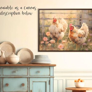 Peut inclure: Tableau encadr&eacute; repr&eacute;sentant deux poulets dans un champ de fleurs. Les poulets ont des plumes blanches et brunes et des cr&ecirc;tes rouges. L'&oelig;uvre est dans un cadre marron fonc&eacute;, accroch&eacute;e au mur.