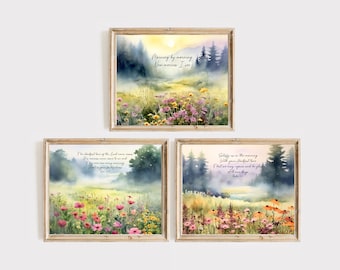 May include: Three watercolor paintings with inspirational quotes and images of a foggy forest and wildflowers. The quotes are "Morning by morning now mercies I see", "The steadfast love of the Lord never ceases; His mercies never come to an end; they are new every morning; great is your faithfulness." and "Satisfy us in the morning with your steadfast love, that we may rejoice and be glad all our days."