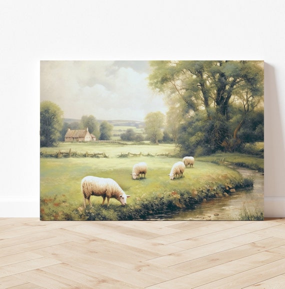 Paintings Of Sheep In Pasture Canvas, Sheep Grazing In Pasture Art,