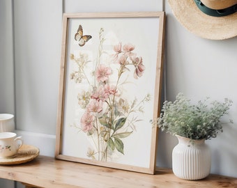 Art Print1, Soft Floral and Butterfly Art, Spring Flower Art, Pastel Flower Nature Wall Art, Springtime Decor, Pink White Flower Bouquet Art