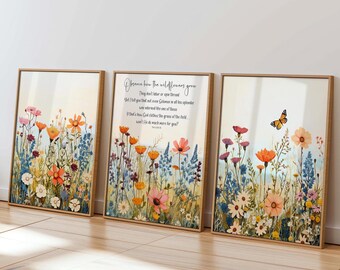 3 Piece Set, Observe Wildflowers, Matthew 6:28-10, Boho Christian Nursery Girls Room Art