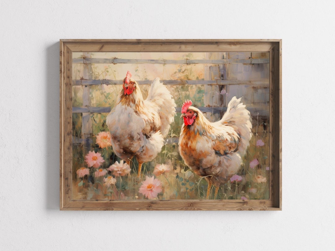 Art Print, Farmhouse Chickens, Hens Painting, Chicken Farm Decor