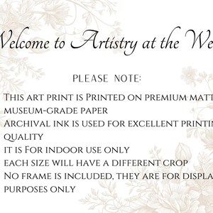 Op de afbeelding: Een cr&egrave;mekleurige kunstdruk met de tekst "Welcome to Artistry at the Well". De print bevat een bloemenontwerp in de hoeken en een lijst met details over de print, inclusief papiersoort en inktkwaliteit.