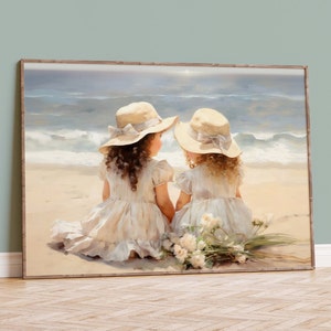 Art Print, Girls On Beach, Vintage Styled Childrens Beach Print, Seaside Picnic, Beachside Sisters, Children At Play, Ocean Kids, Coastal