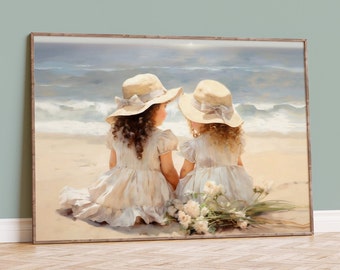 Girls Beach Print: Seaside Picnic, Children Art, Sisters Playing