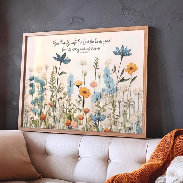 Wildflower Scripture Print & Canvas, Psalm 136:1, Give Thanks, Christian Wall Art