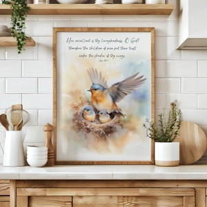 Art Print, Watercolor Birds, Psalm 36:7 Wall Art, Christian Print, Bird Art With Scripture, Birds in Nest, Under Shadow of Your Wings Print