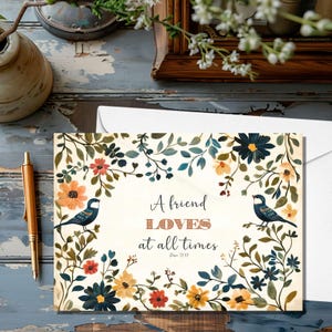 Postcard Bundle, A Friend Loves at all Times, Proverbs 17:17 Single Sided Note Card With Envelope, Floral Christian Card With Scripture Card