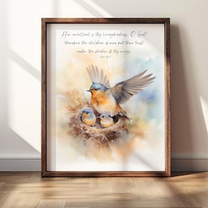 Watercolor Birds, Psalm 36:7 Wall Art, Christian Print, Bird Art With Scripture, Birds in Nest, Under  Shadow of Your Wings Print, Download