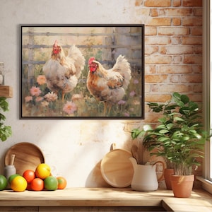 Peut inclure: Une peinture de deux poulets blancs avec des crêtes rouges debout dans un champ de fleurs. Les poulets sont devant une clôture en bois. La peinture est encadrée dans un cadre brun.