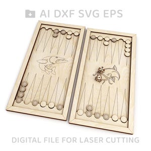 May include: Two wooden backgammon boards with a fish design. The boards are ready for laser cutting.