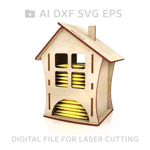 May include: A wooden house-shaped tea bag holder with a yellow tea bag dispenser. The holder has a small chimney and a window with a grid pattern. The text "DIGITAL FILE FOR LASER CUTTING" is printed below the image.