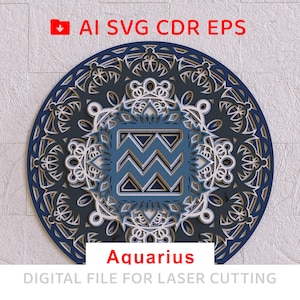 May include: A blue and white mandala design with the astrological symbol for Aquarius in the center. The design is for laser cutting.