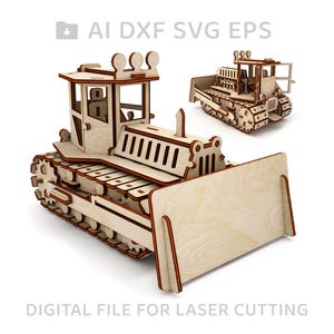 Op de afbeelding: Een houten model van een bulldozer met een grote schep. Het model is gemaakt van lasergesneden hout en is klaar om te worden geassembleerd. Het model wordt in twee verschillende weergaven getoond, een met de schep omhoog en een met de schep omlaag. Het model is perfect voor een houtbewerkingsproject of een cadeau voor een liefhebber van bouwmachines.